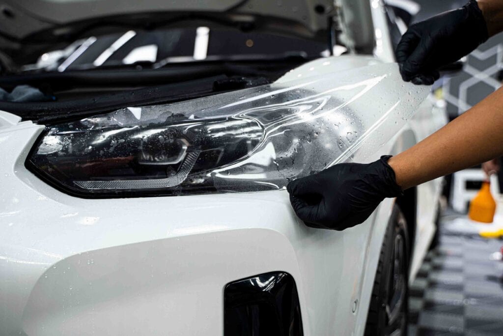 In a garage with checkered flooring, a person wearing black gloves applies a protective film to the headlight of a white car. This custom auto shop in Oakland County, MI, ensures every vehicle gets expert care. The open hood indicates meticulous attention to detail.
